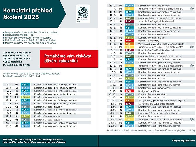 Praktická školení a akce Zehnder 2025 Zúčastněte se nových školení a akcí Zehnder v roce 2025