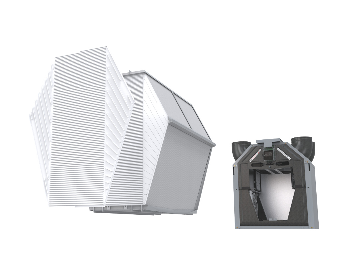 Tepelný výměník ComfoAir Q má mimořádně velkou předávací plochu Unikátní výměník tepla ve tvaru diamantu.