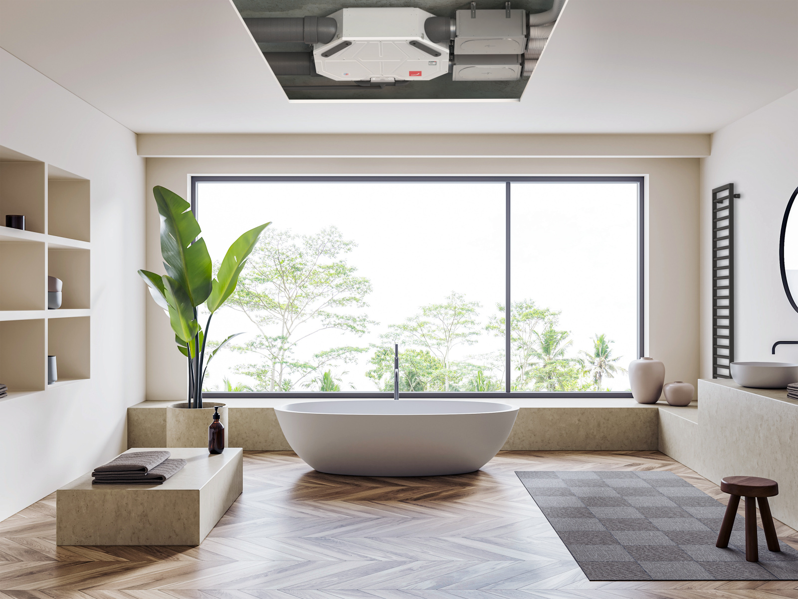 Zehnder ComfoAir Flex, designový radiátor Zehnder Subway Instalace větrací jednotky Zehnder ComfoAir Flex v koupelně. Designový radiátor Zehnder Subway.