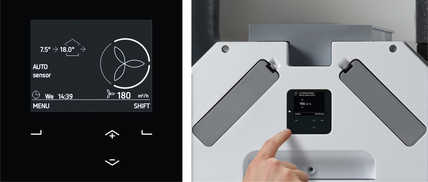 Snadné ovládání díky displeji Snadné ovládání větrací jednotky Zehnder ComfoAir Q na displeji.