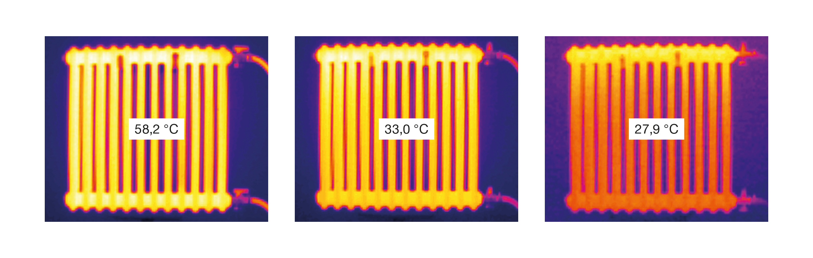 Zobrazení procesu ochladnutí radiátoru Zehnder Charleston pomocí termosnímků Zehnder Charleston ochladne na teplotu 28°C za 60 min.